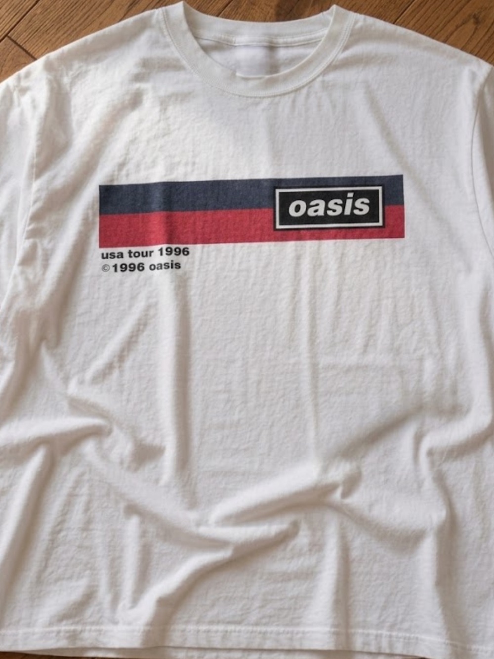Brand Gildan Reprinted White  Graphic Tee with Navy & Red Stripes